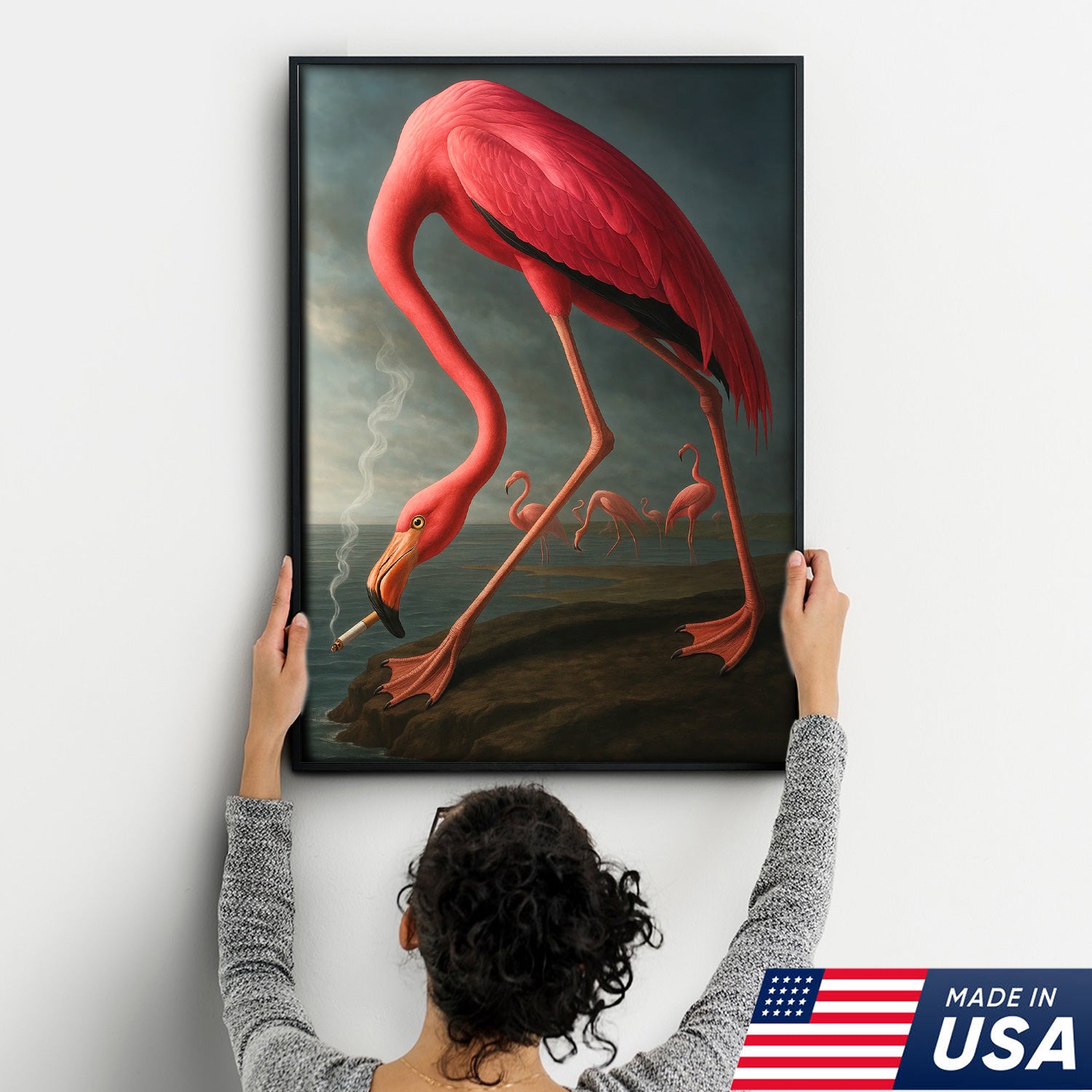 Cool Flamingo Canvas Wall Art – Funny Pink Bird Beach Decor – Unique Coastal Wildlife Print