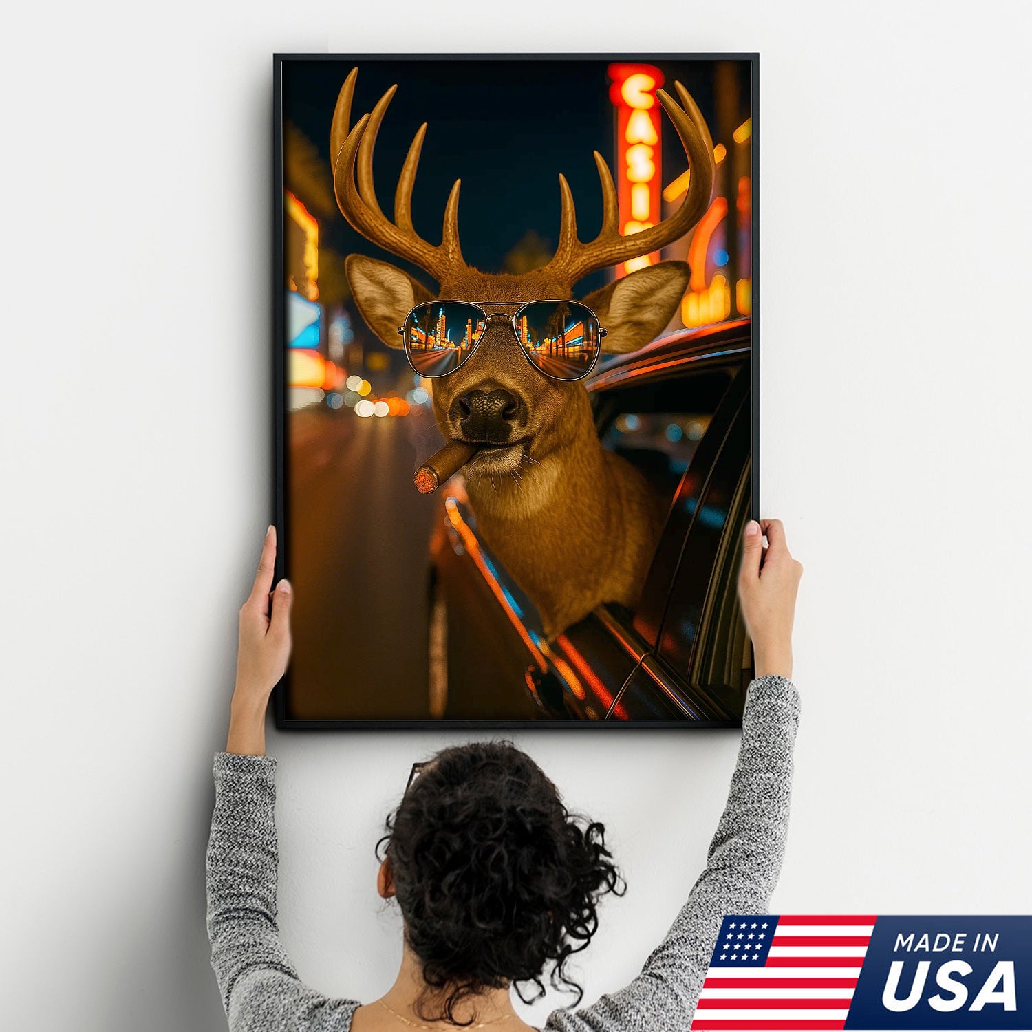 Cool Deer Canvas Wall Art - Funny Rustic Lodge Decor with Sunglasses and Night City Vibes - Unique Wildlife Cabin Print
