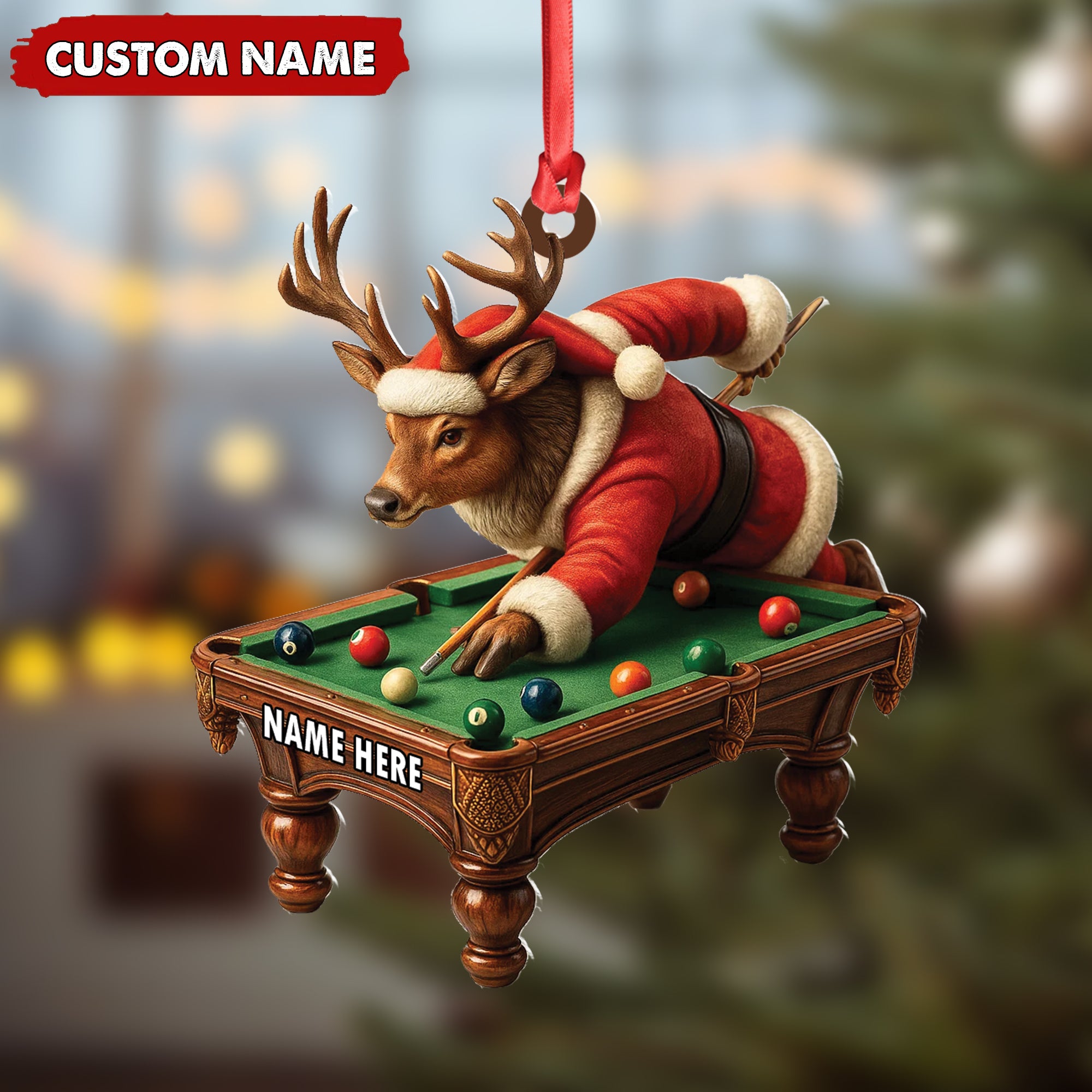 Personalized Acrylic Deer Christmas Ornament – Funny Buck Playing Pool in Santa Outfit Holiday Decor