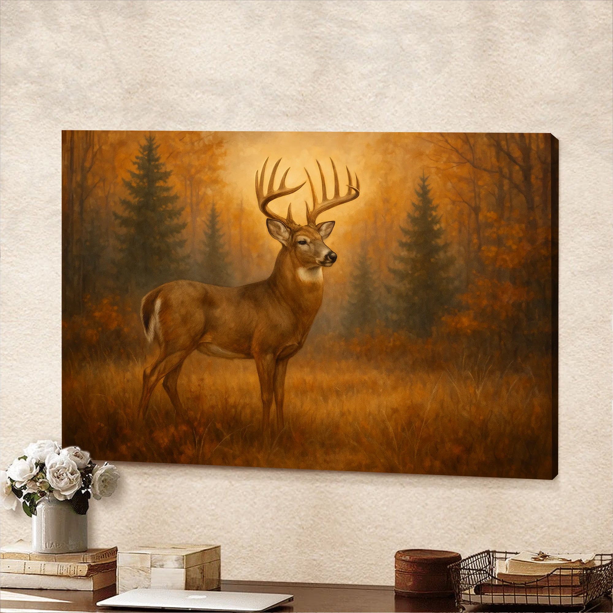 Deer In Autumn Forest Wall Art Canvas – Majestic Buck Hunting Cabin & Lodge Decor