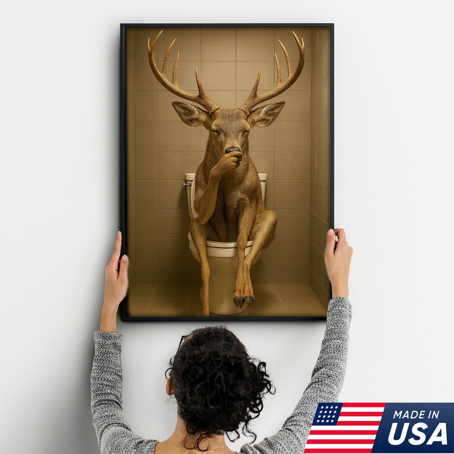 Funny Deer Bathroom Canvas Wall Art – Rustic Toilet Canvas for Cabin, Lodge & Man Cave Decor