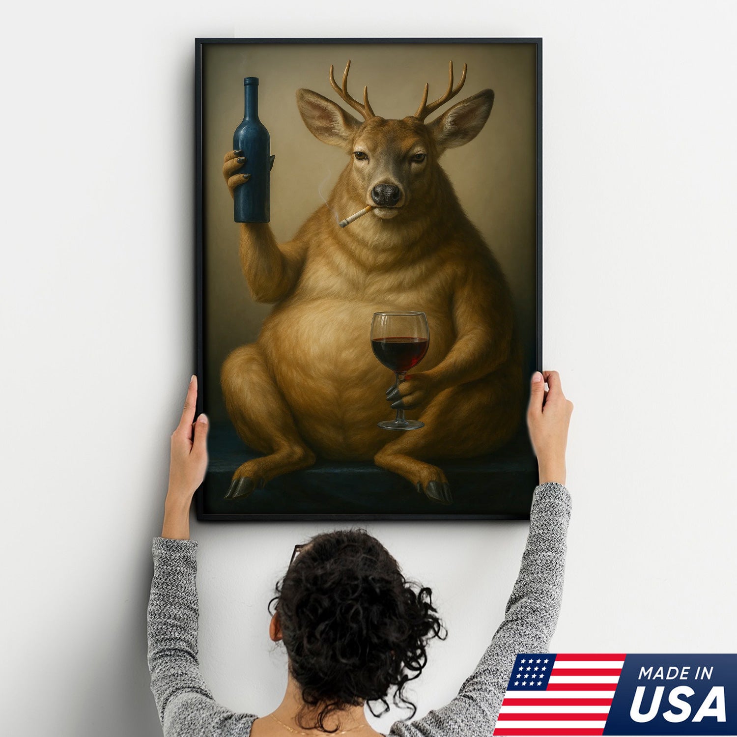 Funny Deer Wall Art Canvas – Fat Buck with Wine Glass Rustic Lodge Decor – Whimsical Wildlife Hunting Home Decoration