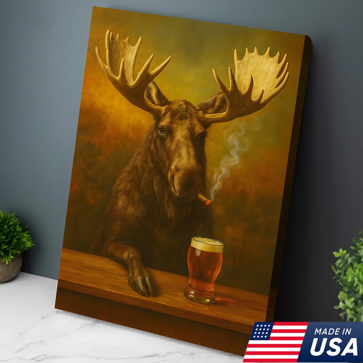 Moose Smoking & Drinking Canvas - Rustic Bar Wall Art Hunting Lodge & Man Cave Decor
