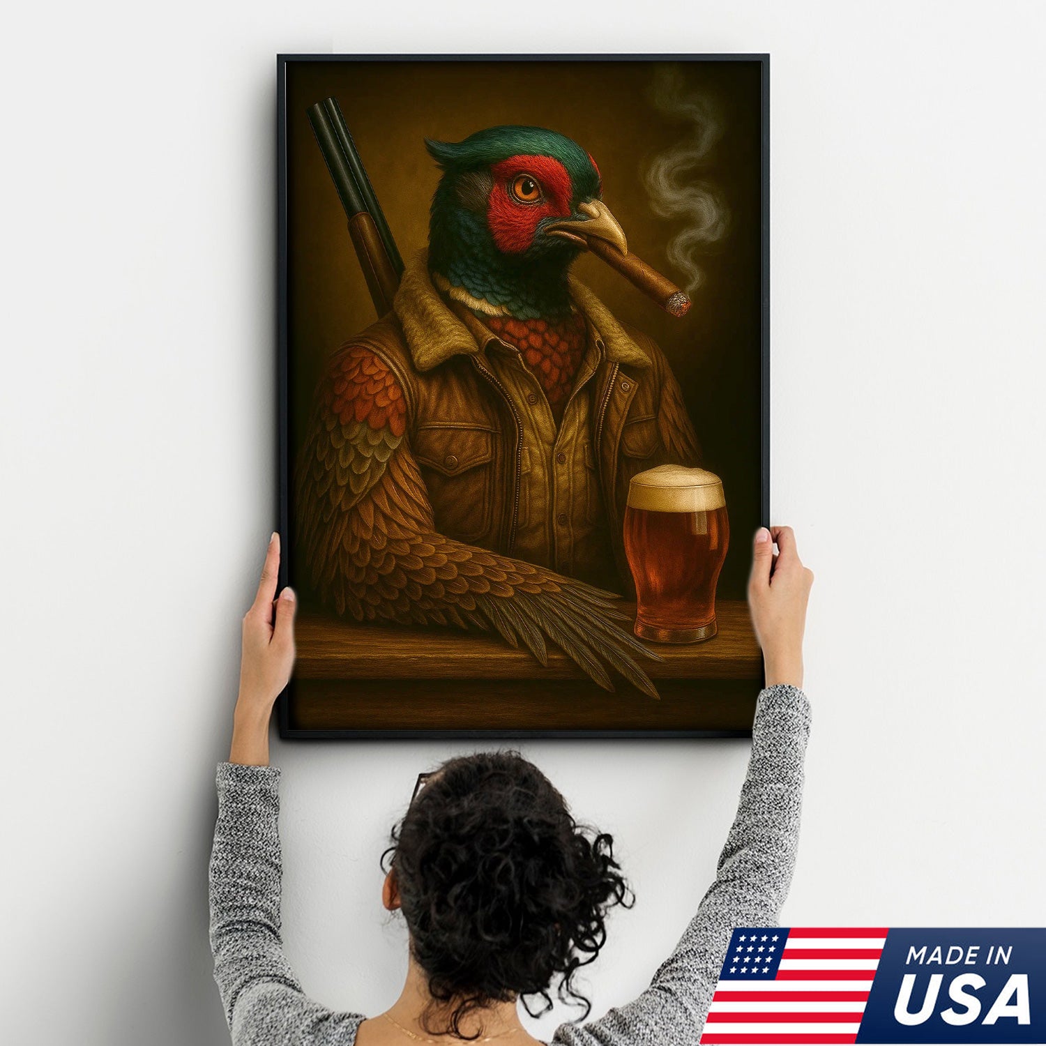 Wild Pheasant Canvas Wall Art – Surreal Hunter Portrait with Beer Glass, Bold Rustic Decor