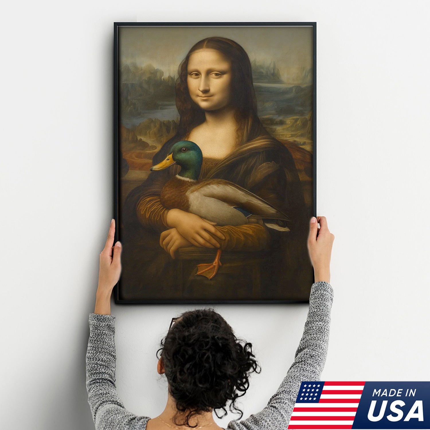 Funny Mona Lisa Duck Canvas Wall Art, Quirky Parody Painting Print for Bathroom or Office