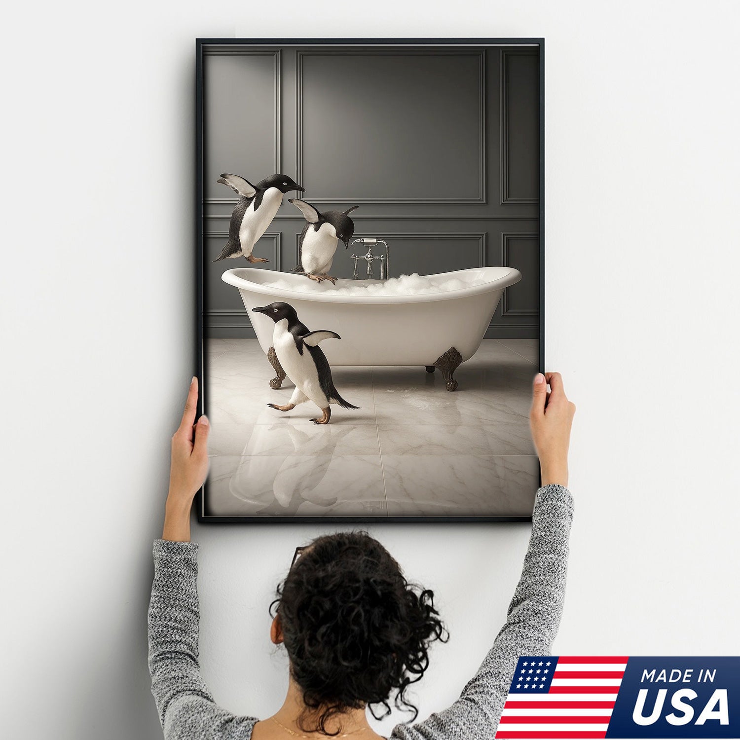 Penguin Bathroom Wall Art Canvas, Cute Penguins Bubble Bath Kids Bathroom Decor