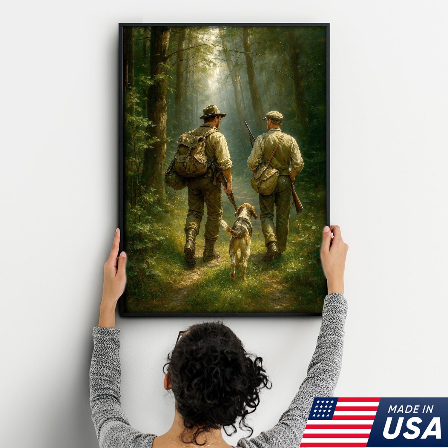 Hunting Canvas Wall Art – Hunters Walking with Dog in Forest – Rustic Cabin Decor for Lodge and Outdoor Enthusiasts