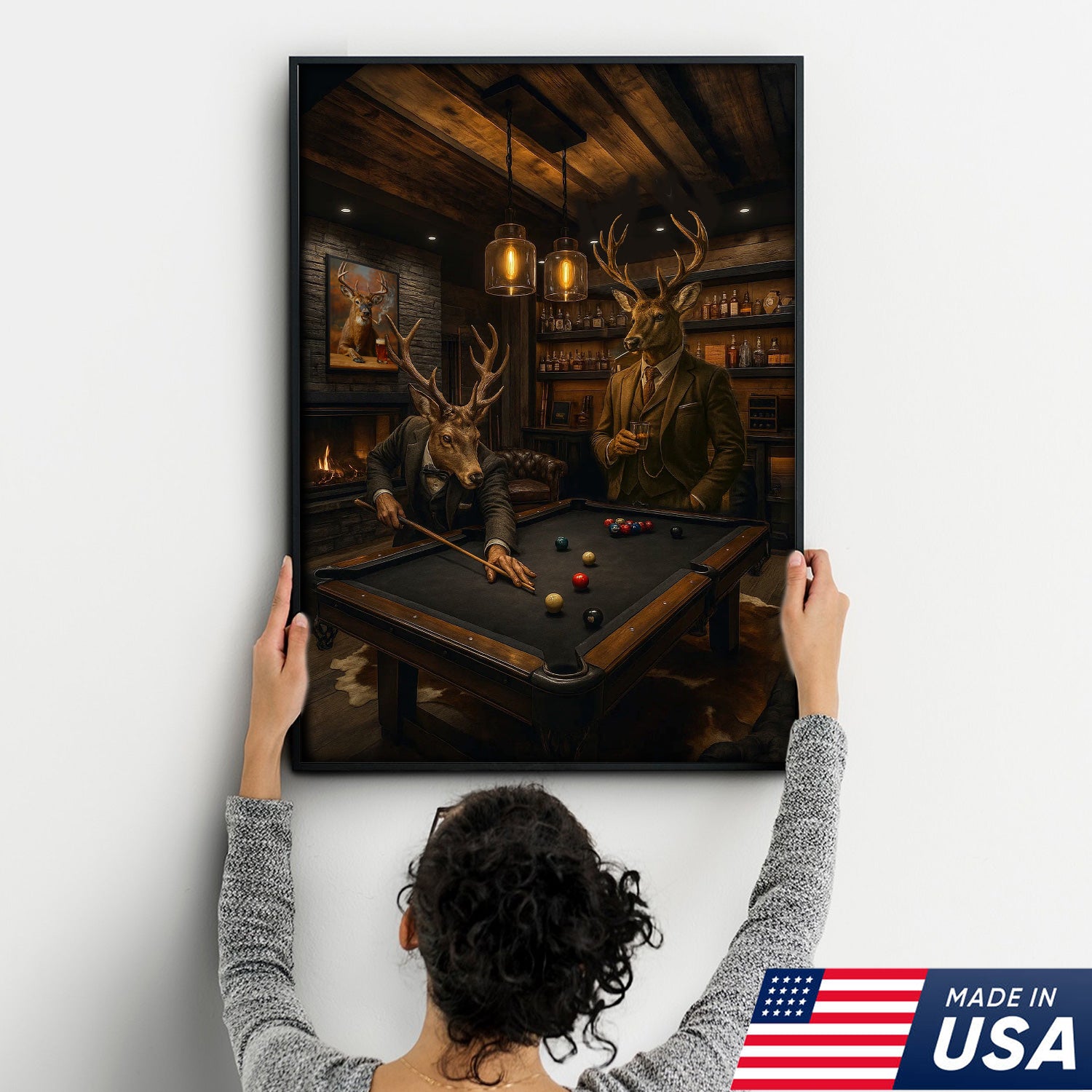 Deer Gentlemen Billiards Canvas Wall Art – Whitetail Bucks in Suits at Pool Table – Lodge Game Room Decor