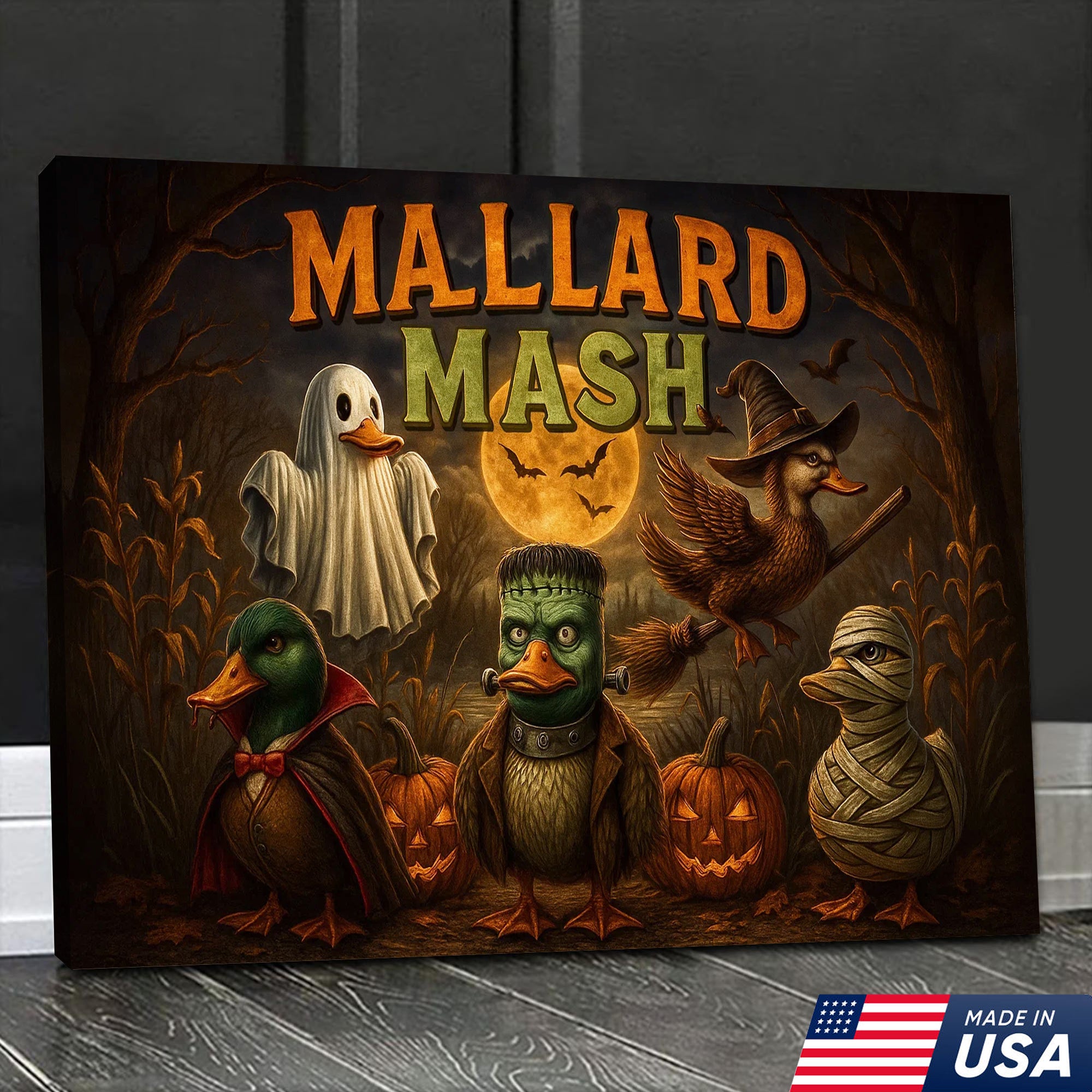 Mallard Mash Halloween Canvas Wall Art – Funny Ducks in Costumes with Pumpkins and Full Moon Decor
