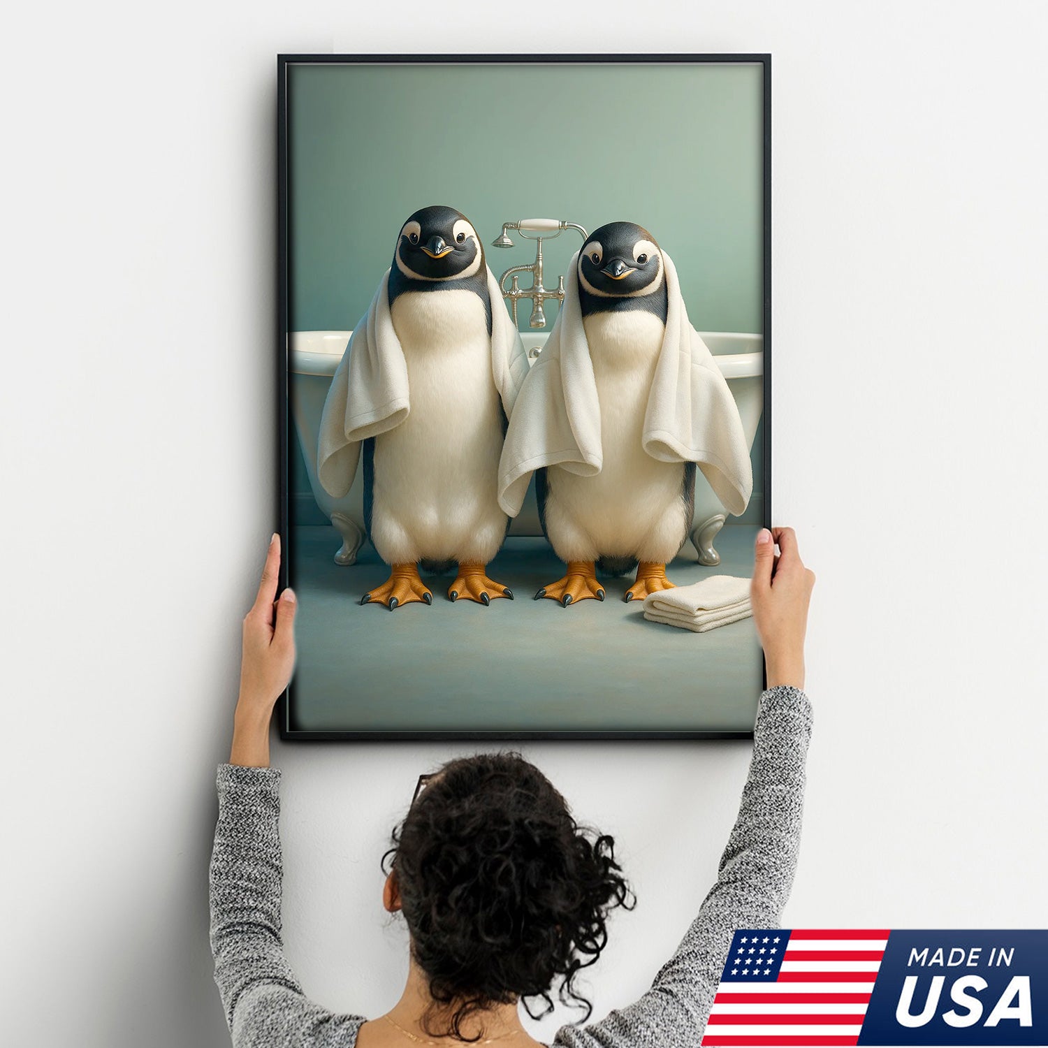 Cute Penguin Twins Bathroom Wall Art Canvas, Adorable Towel Penguins Kids Bath Decor