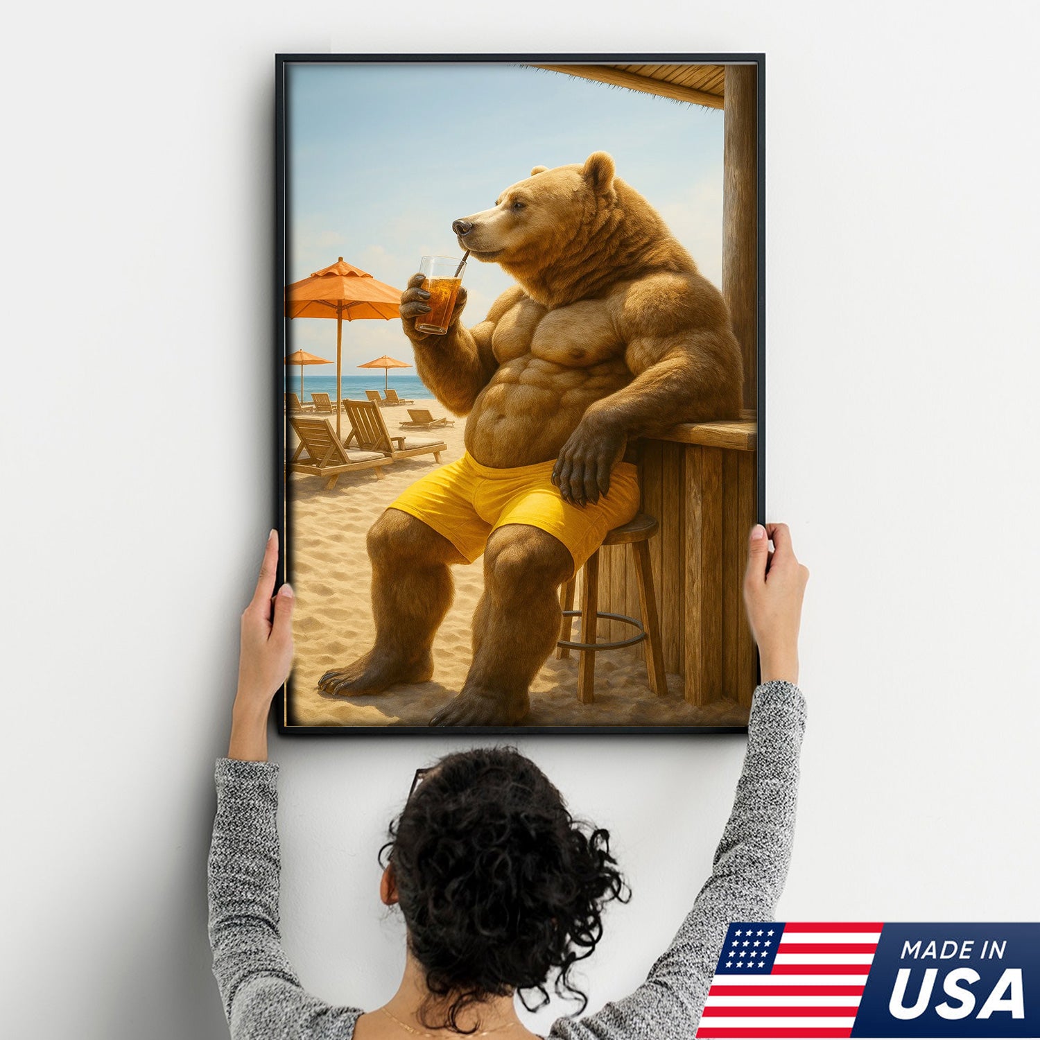 Funny Beach Bear Canvas Wall Art, Summer Vacation Animal Artwork, Humorous Muscle Bear Decor, Tropical Coastal Cabin Painting