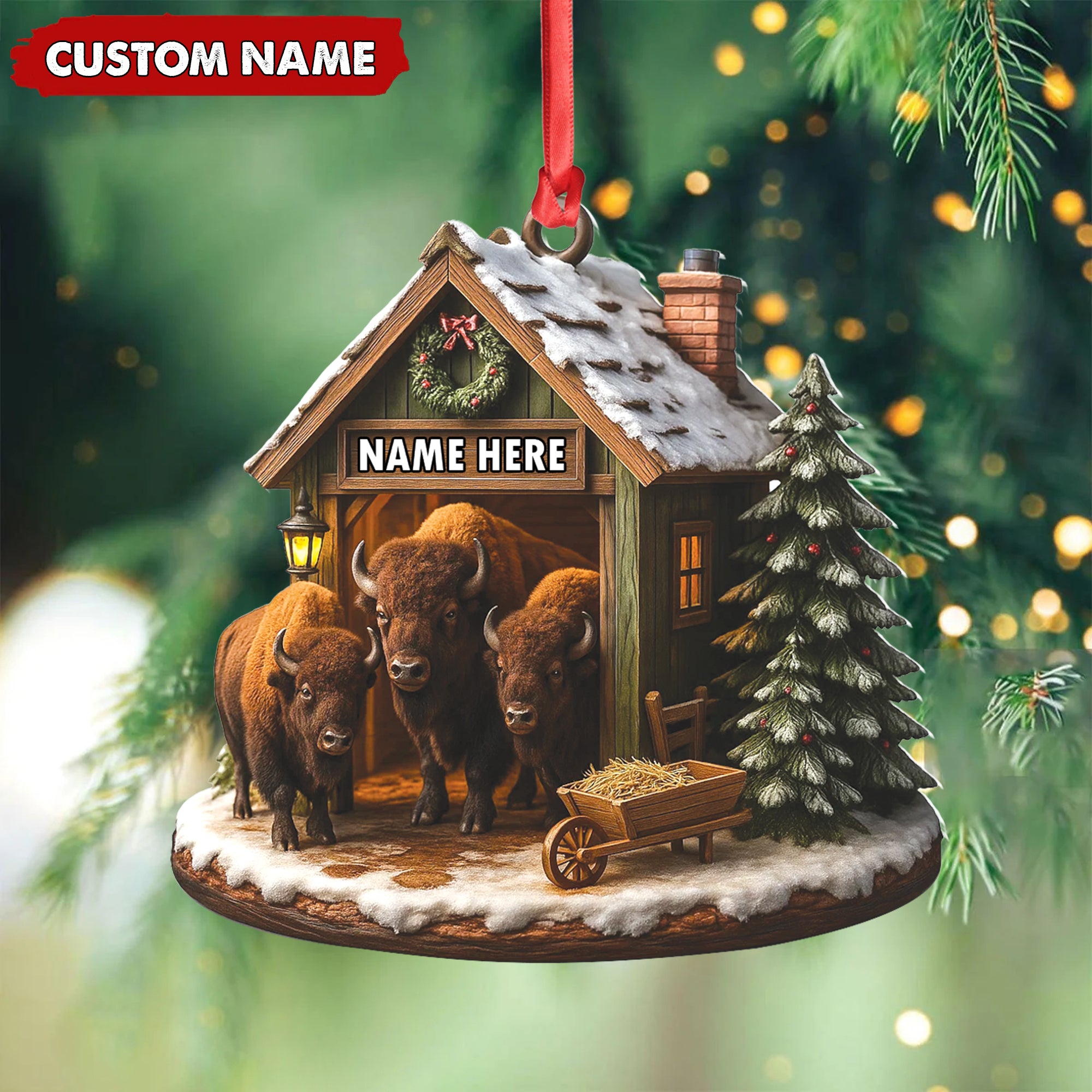 Personalized Acrylic Bison Christmas Ornament – Custom Buffalo Barn Holiday Decor