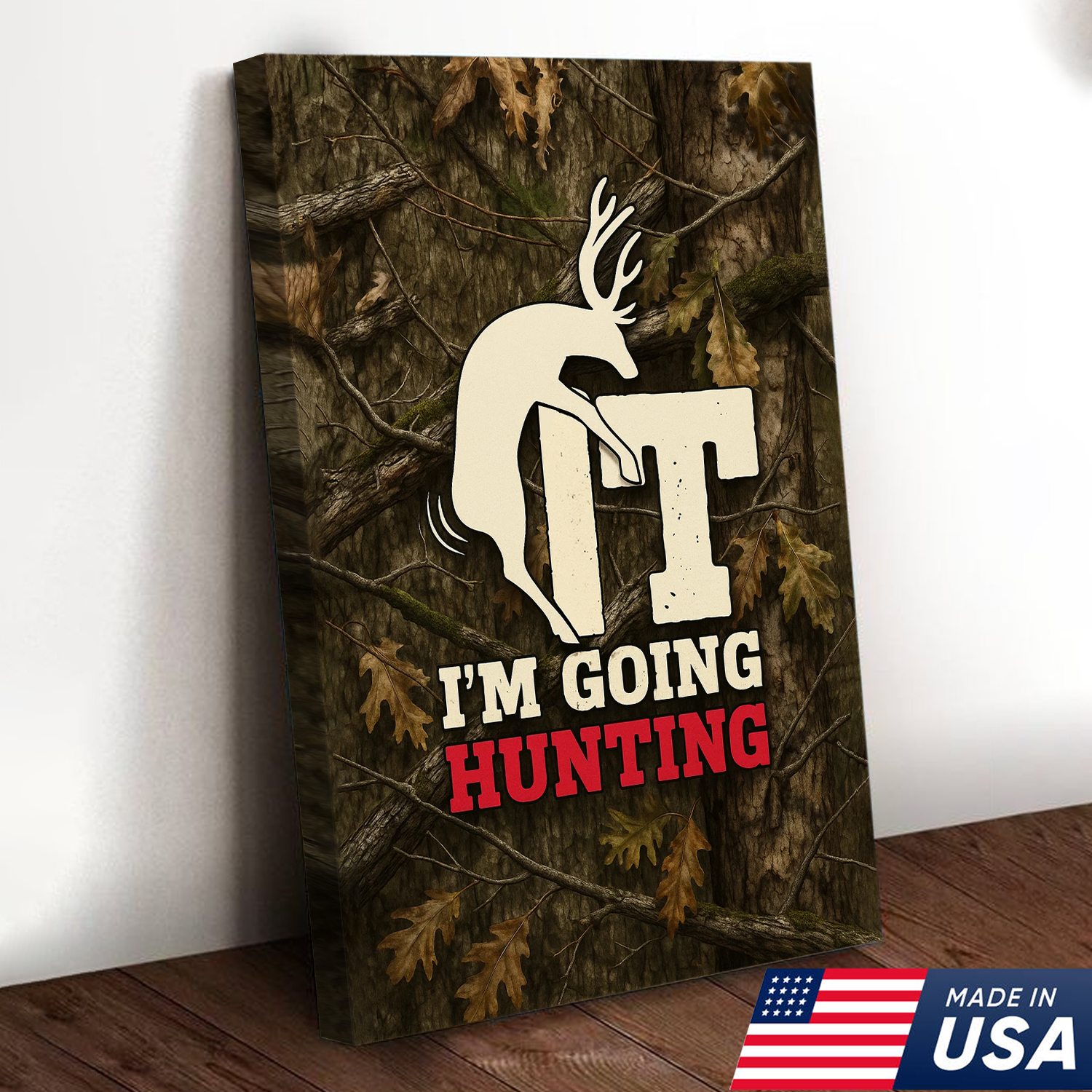 Funny Deer Hunting Canvas Wall Art - Rustic Camo Design for Hunters - Man Cave and Cabin Decor