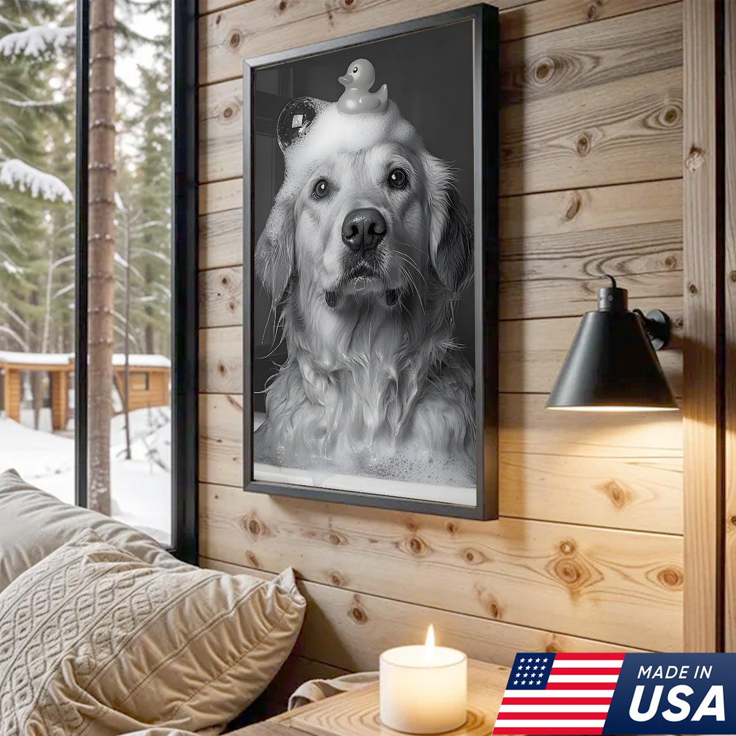 Funny Dog Bathroom Triptych Canvas Wall Art Set, Black and Golden Retriever Bath Humor