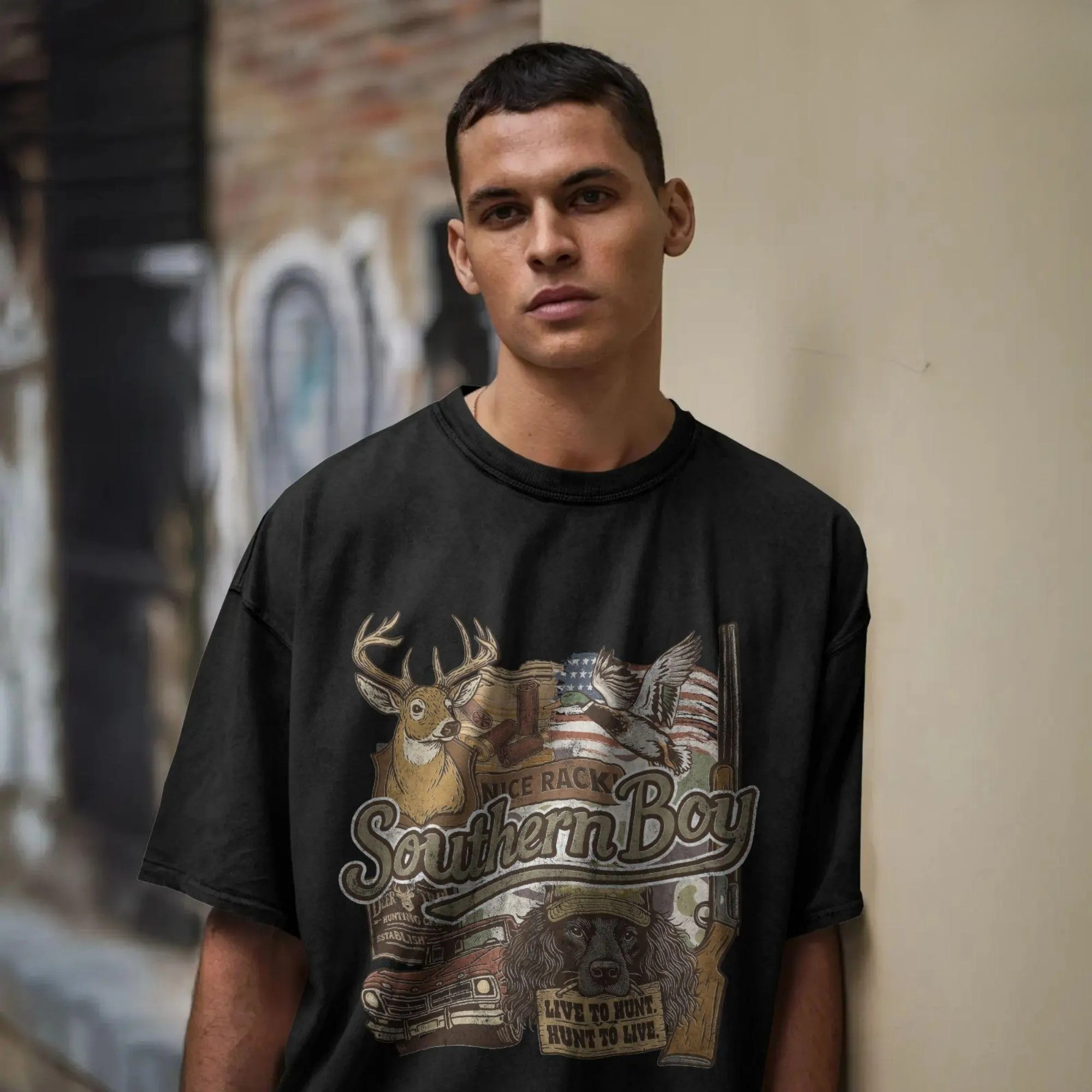 Southern Boy Collage T-Shirt, Duck Deer Dog Truck Southern Boy Hunting Shirt - American Hunter Shirt – Deer, Dog & Retro Graphic Tee