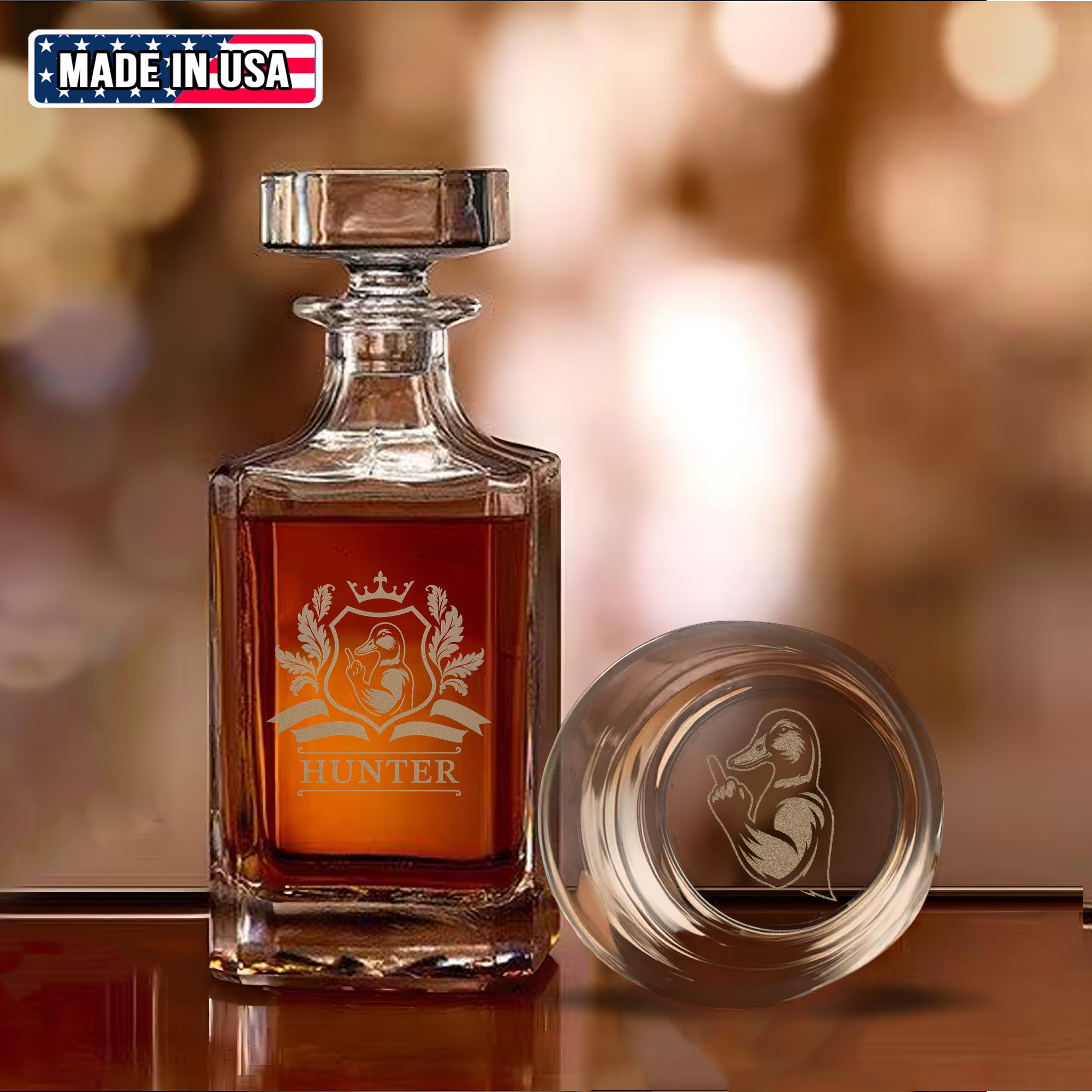Funny Duck Whiskey Decanter Set – Engraved Drinking Glass for Hunters & Whiskey Lovers