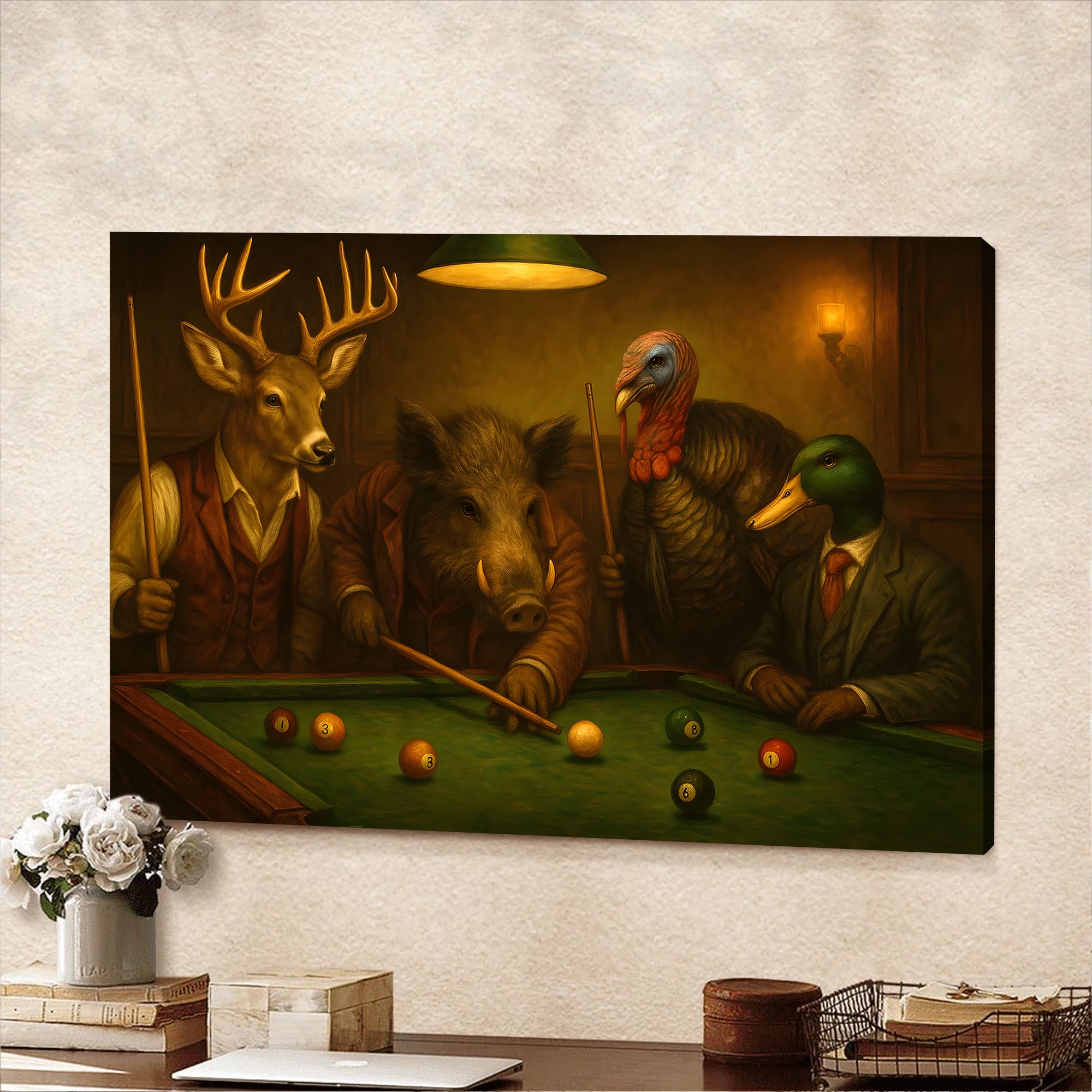 Hunter’s Billiard Crew Canvas Wall Art – Deer, Boar, Duck & Turkey Playing Pool – Rustic Hunting Cave & Lodge Decor