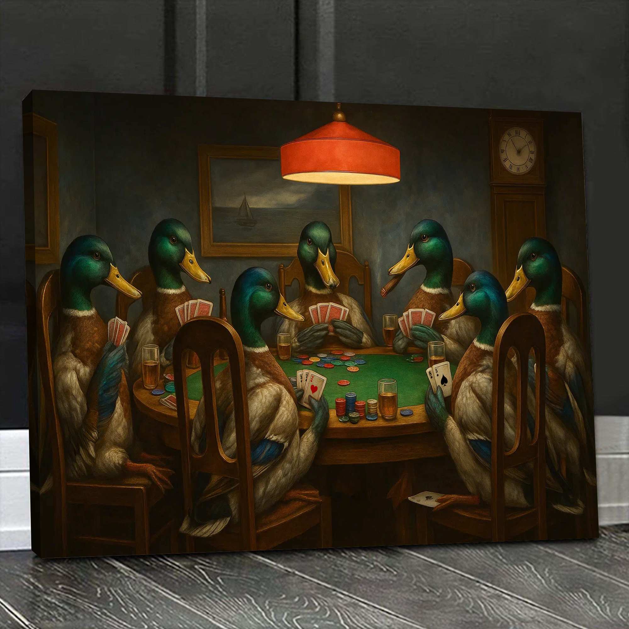 Funny Ducks Playing Poker Canvas Wall Art – Rustic Wildlife Game Night Decor – Perfect for Hunting Cabin or Man Cave