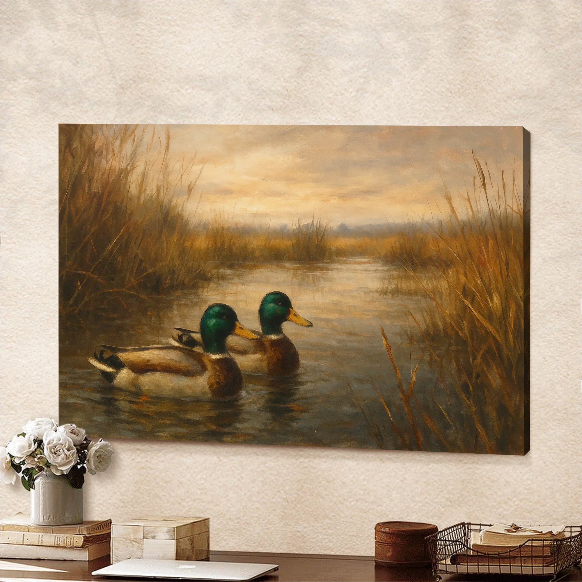Mallard Duck Wall Art Canvas – Hunting Lodge & Cabin Decor - Rustic Waterfowl Painting