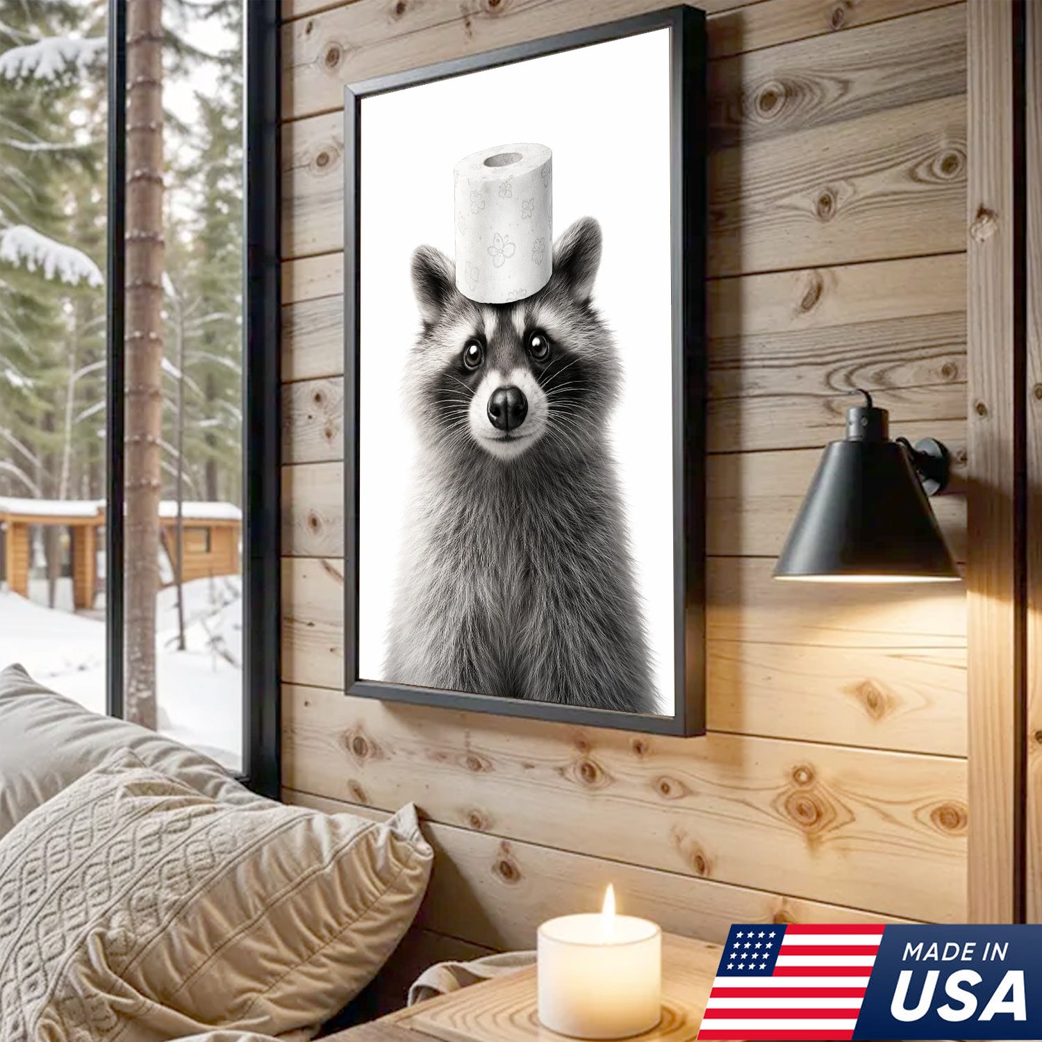 Funny Raccoon Wall Art Canvas Set, Cute Animal Bathroom Humor Triptych Print