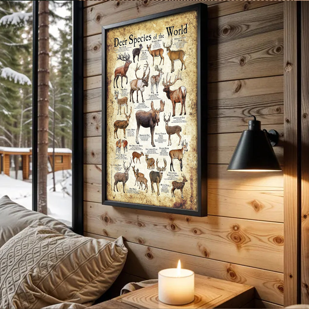 Deer Species of the World Poster Canvas - Guide for Hunting Enthusiasts, Featuring 20+ Deer Species and Their Unique Characteristics