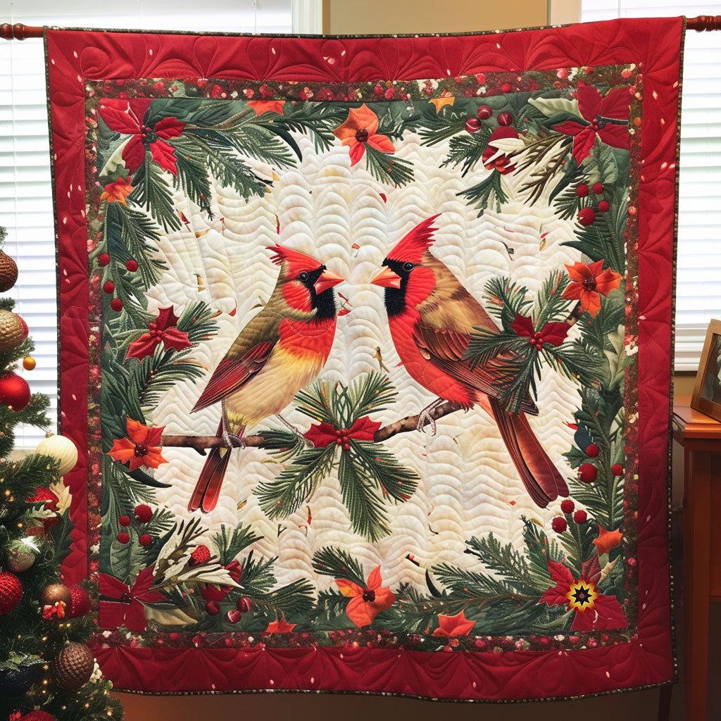 Christmas Cardinal Bird Silent Night Quilt Blanket