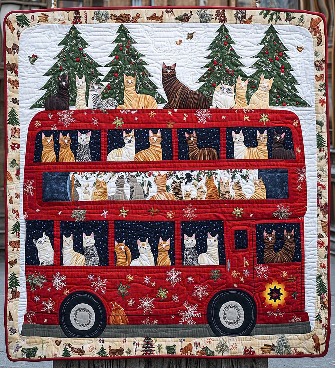 Christmas Bus Cat Quilt Blanket