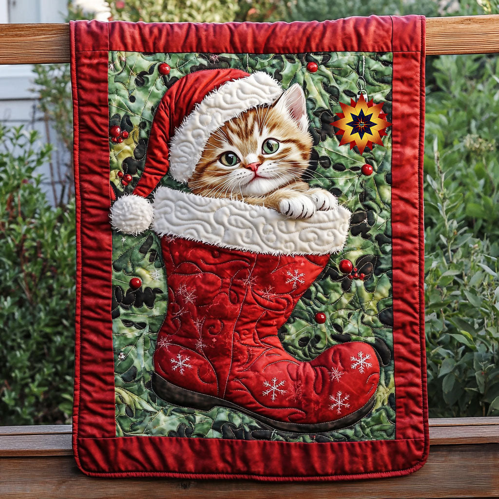 Cat in Christmas Boot Quilt Blanket