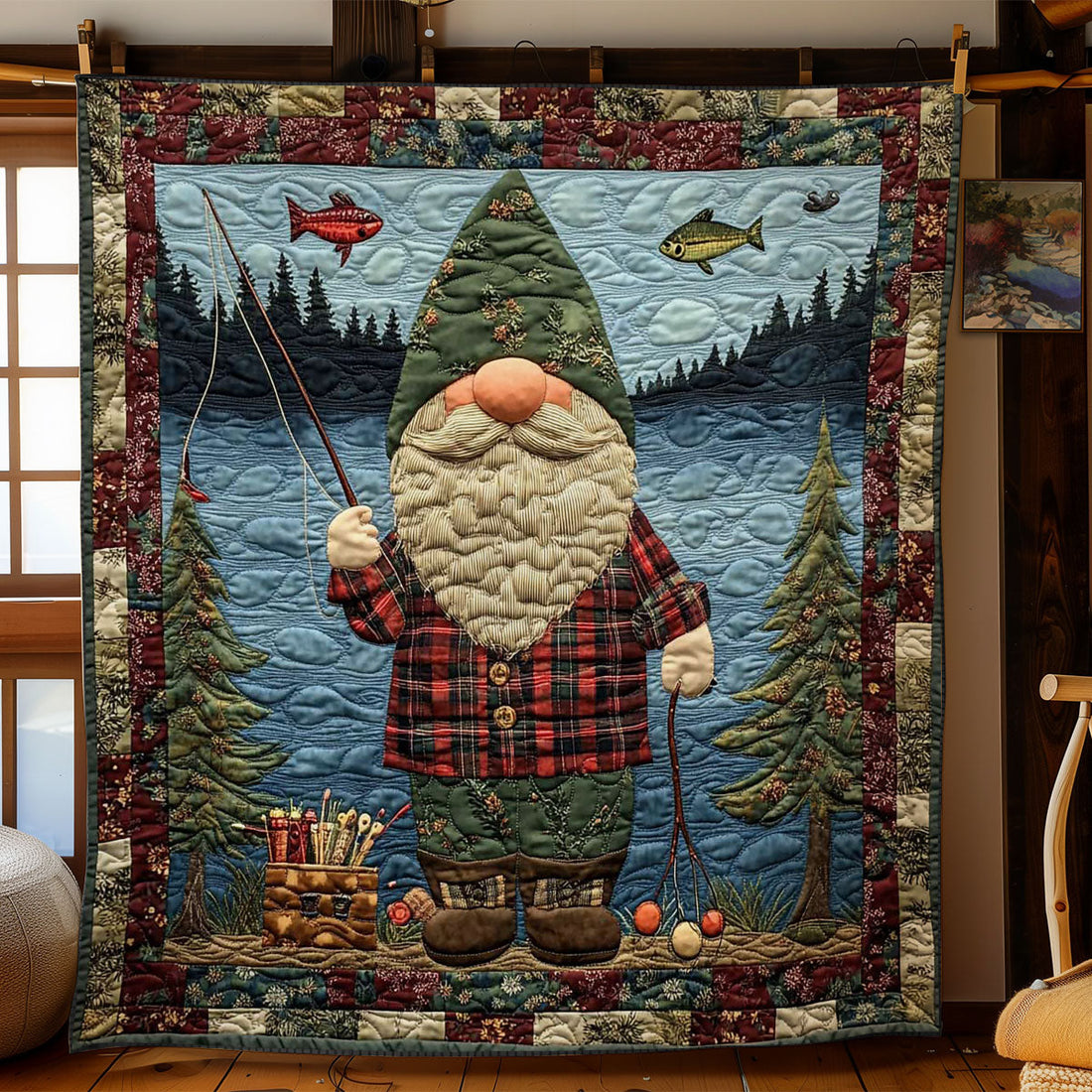 Fishing Gnome Adventure Quilt Blanket