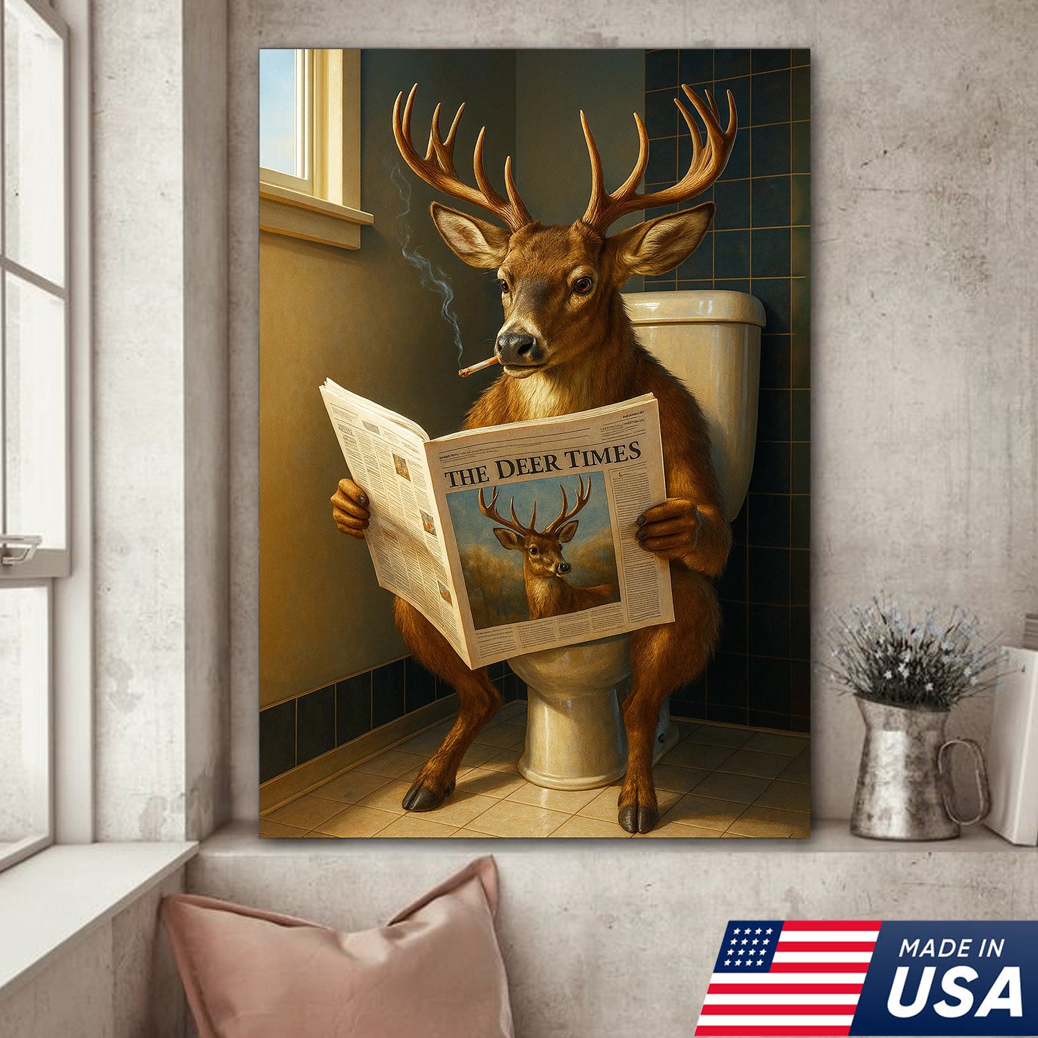 Funny Deer Canvas Wall Art – Buck Reading Newspaper on Toilet – Whitetail Deer Bathroom Humor Hunting Lodge Decor