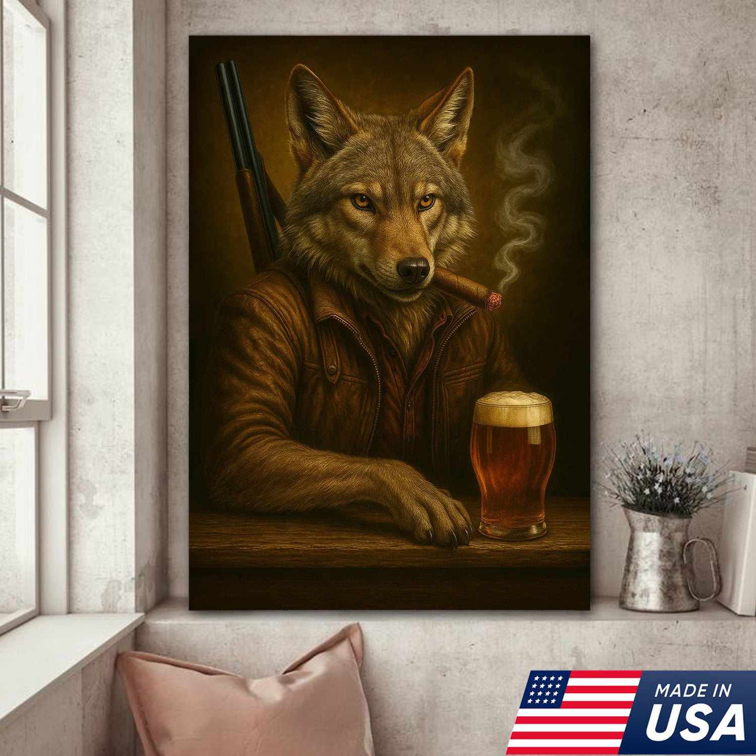 Alpha Wolf Coyote Canvas Wall Art – Fierce Surreal Portrait with Beer Glass, Bold Wilderness Decor