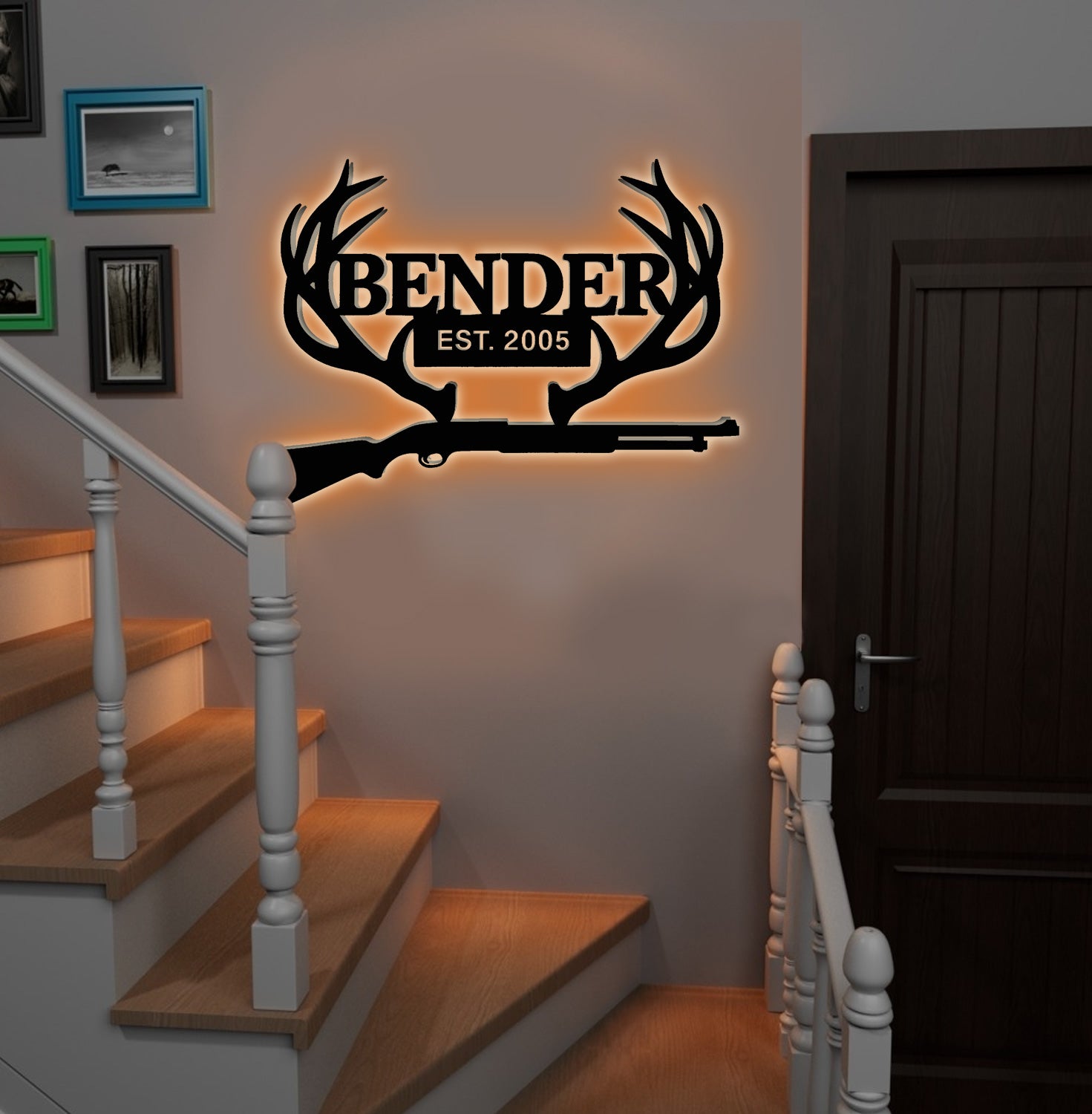 Personalized Metal Sign WITH LED/WITHOUT LED – Deer Antler Hunting Wall Decor with Rifle – Custom Rustic Cabin Sign for Hunters