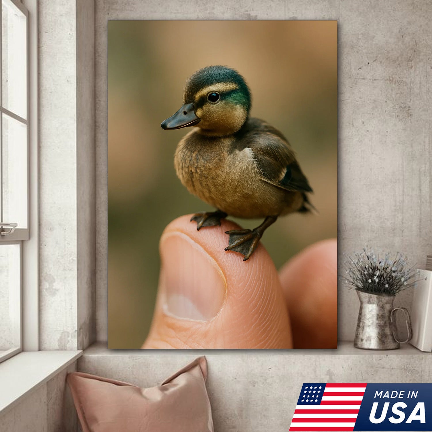 Cute Baby Duck Canvas Wall Art - Adorable Duckling Perched on Finger - Nature Wildlife Artwork for Home Decor