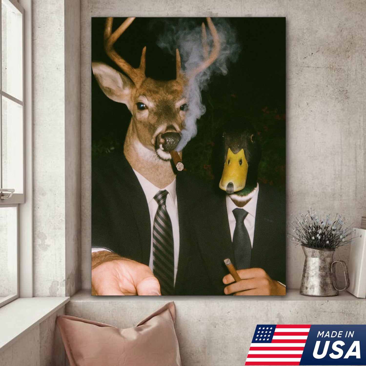 Funny Deer and Duck Canvas Wall Art - Hilarious Animal Duo in Suits - Unique Wildlife Artwork for Home Decor