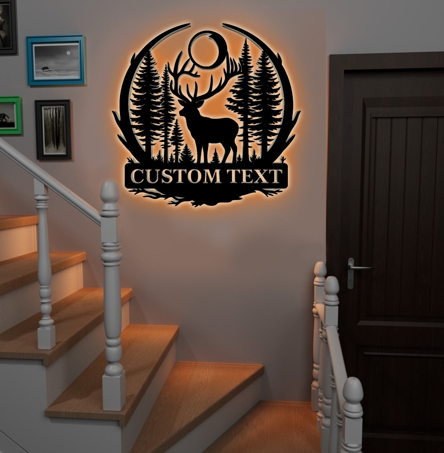 Personalized Metal Sign WITH LED/WITHOUT LED – Deer and Forest Silhouette Wall Art – Custom Rustic Cabin and Lodge Hunting Decor