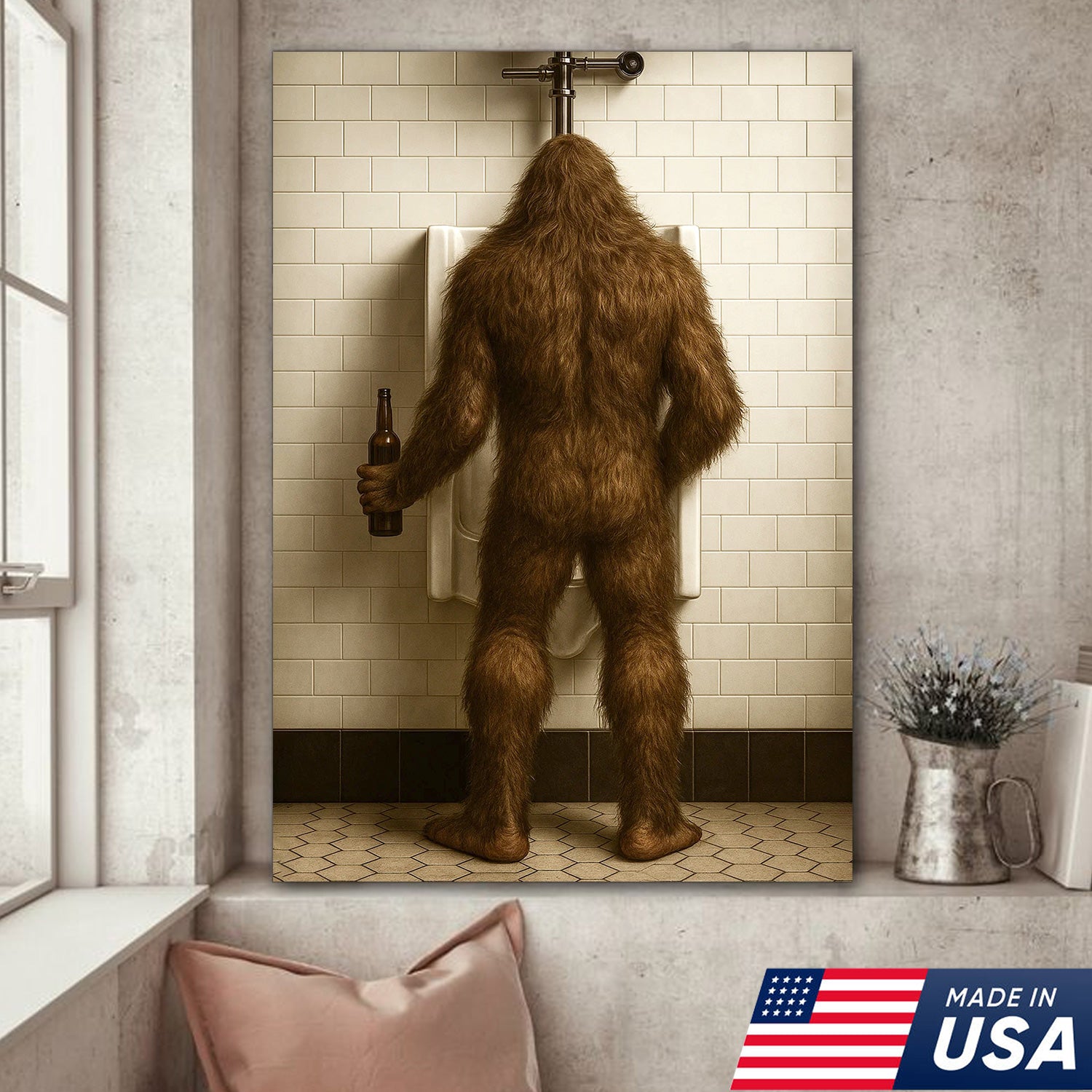 Bigfoot Funny Canvas Wall Art – Hilarious Bathroom Humor Decor – Rustic Cabin Gag Gift – Quirky Lodge and Hunting Camp Artwork