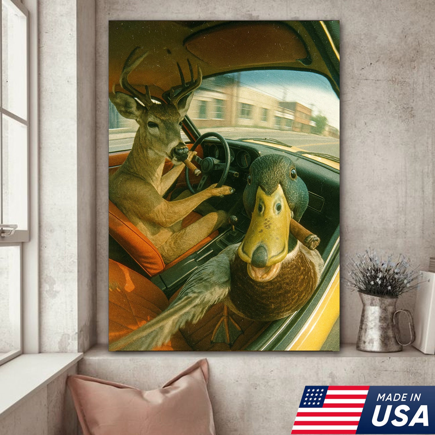 Wild Road Trip Canvas Wall Art – Deer & Duck Adventure Scene – Quirky Rustic Cabin Decor