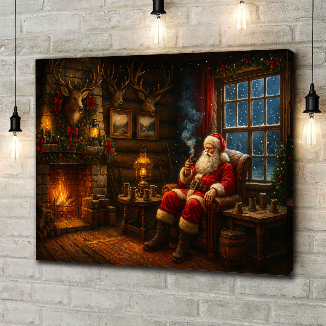 Christmas Santa Cabin Canvas Wall Art, Rustic Fireplace Holiday Decor, Cozy Farmhouse Christmas Living Room Print