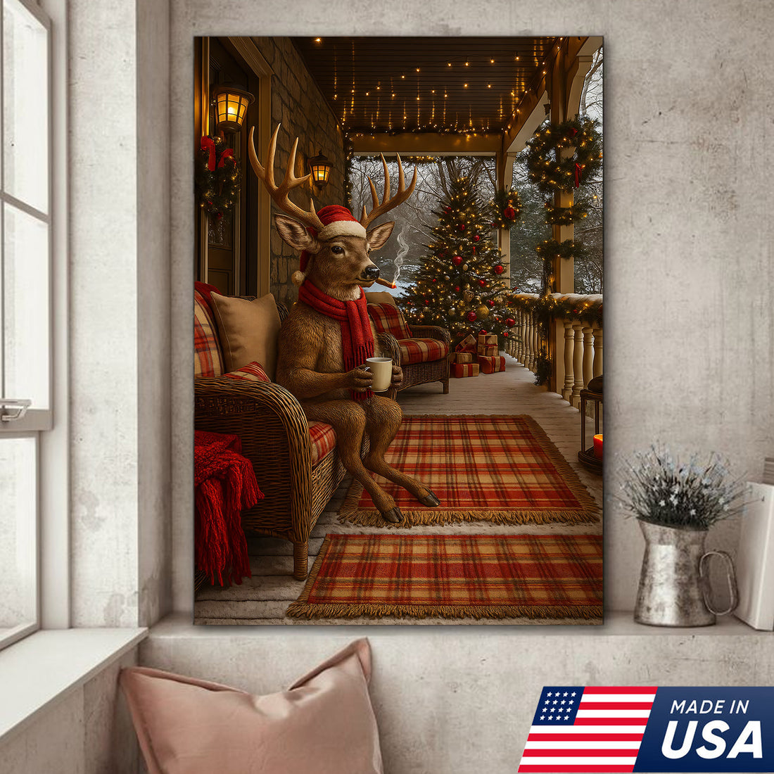 Christmas Deer Porch Canvas Wall Art, Cozy Cabin Reindeer With Scarf Holiday Print, Rustic Plaid Farmhouse Christmas Decor