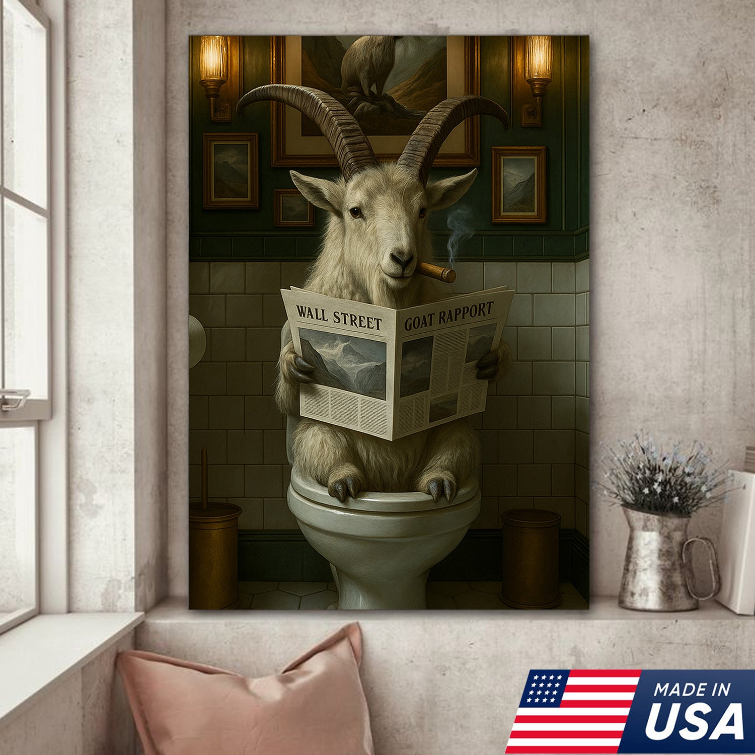 Funny Mountain Goat Bathroom Wall Art – Rustic Hunting Cabin Toilet Humor Canvas