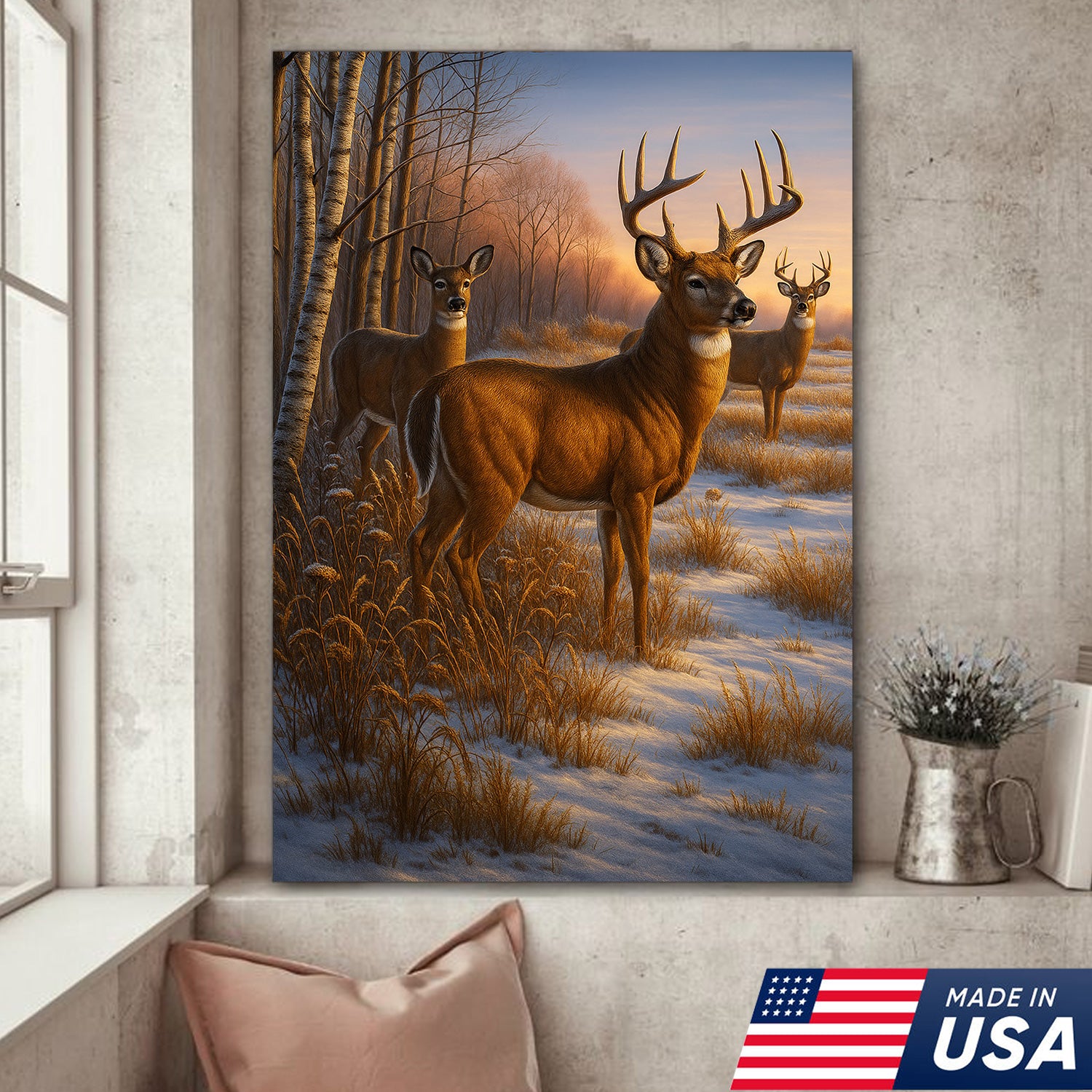 Majestic Deer in Winter Forest Canvas – Realistic Wildlife Canvas Wall Art for Hunters
