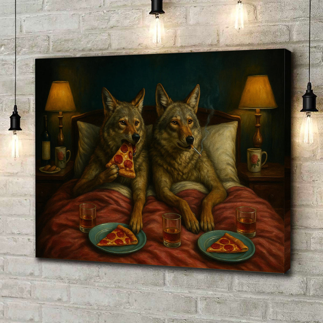 Whimsical Wolf Coyote Couple Pizza Night Canvas Wall Art – Cozy Bed Scene, Pepperoni Slice, Funny Animal Bedroom Decor