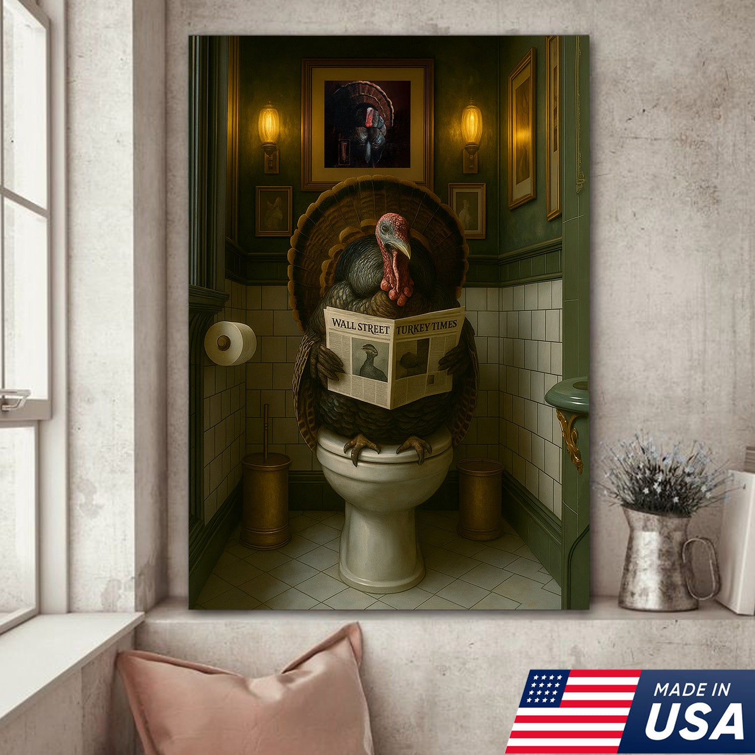 Funny Turkey Bathroom Wall Art – Rustic Cabin Toilet Humor Canvas Decor, Made in USA