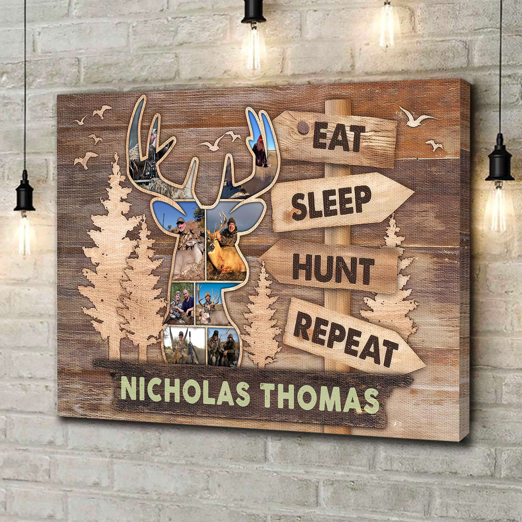 Personalized Hunting Canvas – Custom Deer Head Photo Collage Gift, Eat Sleep Hunt Repeat Wall Art for Hunters, Rustic Cabin Decor