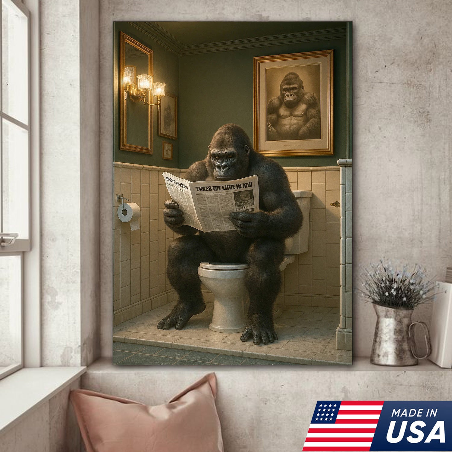 Funny Gorilla Bathroom Wall Art Canvas, Toilet Humor Decor for Men’s Restroom