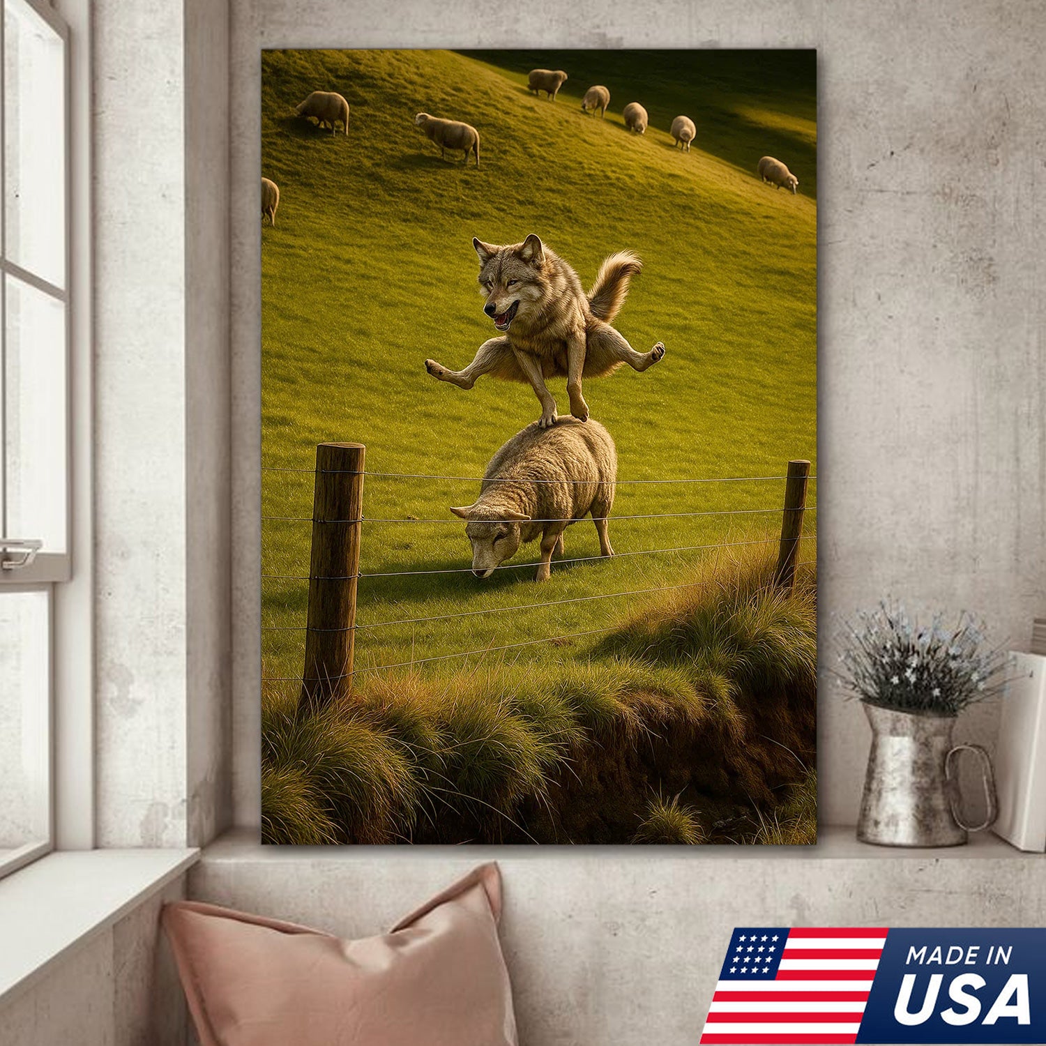 Funny Wolf and Sheep Canvas Wall Art - Hilarious Animal Jump Scene, Rustic Farmhouse Decor for Living Room & Cabin