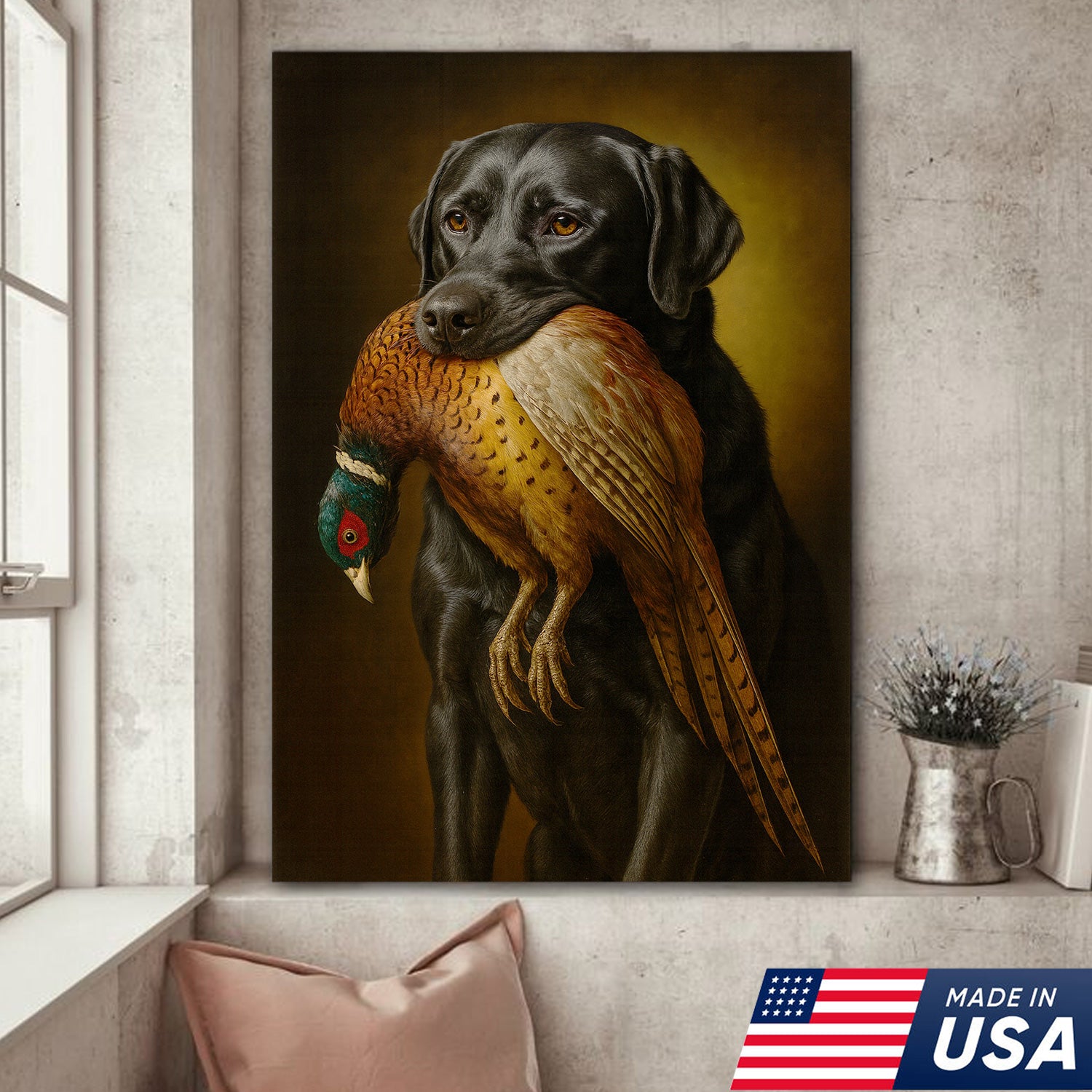 Hunting Dog Wall Art Canvas – Retriever & Pheasant Canvas Print for Hunters, Rustic Cabin Decor