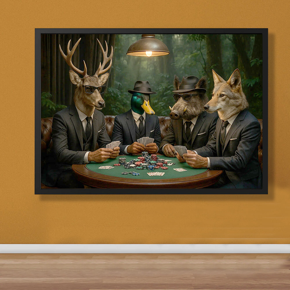 Hunter Animals Playing Poker Canvas - Deer, Duck, Boar & Coyote Poker Print – Man Cave Wall Decor