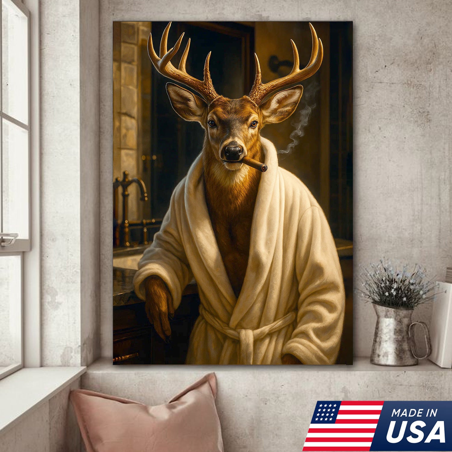 Deer Canvas Wall Art – Stylish Buck in Bathrobe Smoking Cigar Rustic Bathroom Decor for Hunters