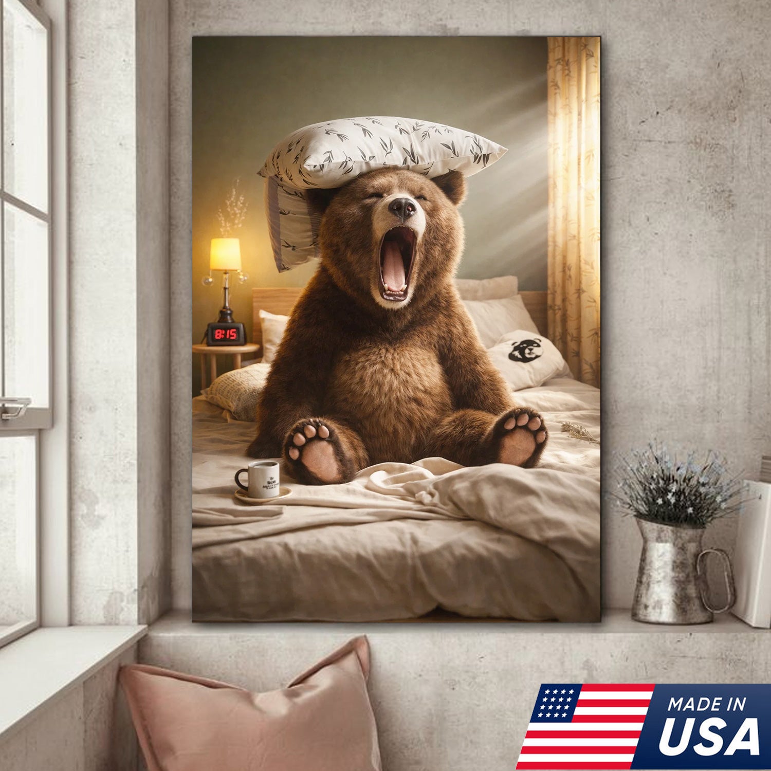 Funny Sleepy Bear Canvas Wall Art, Yawning Bear in Bed with Pillow, Cozy Bedroom Animal Art